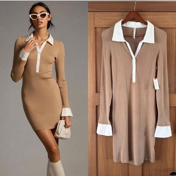 Anthropologie Dresses & Skirts - NWT By Anthropologie Ribbed Polo Mini Dress Long Sleeve Tan Women’s size Large